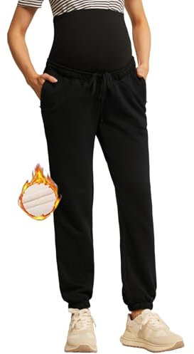 Maacie Warme Umstandshose Weiche Lounge Hose über Bauch Freizeithose für Alltag Schwarz S