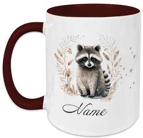 GRAZDesign Weihnachtstasse Waschbär mit Namen personalisiert, Kaffeetasse zur Weihnachten mit Dunkelrot Keramik - 330ml / Waschbär