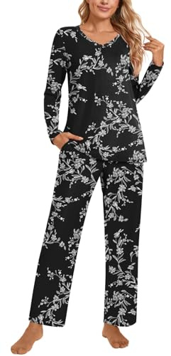 POPYOUNG Womens Fall-Winter 2 Piece Pajama Sets Long sleeve V-neck Tunic Tops with Comfy Pants Lounge Sleepwear Ladies Pjs Sets with Pockets L, Floral White Black