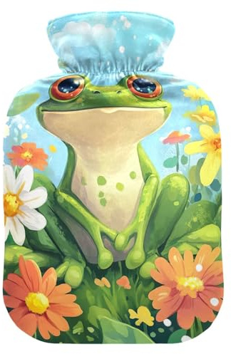 Bunte Wärmflasche mit süßem Frosch, mit weichem Bezug, Hand- und Fußwärmer, Wärmbeutel für Nacken, Schulter und Menstruationskrämpfe, 1 l