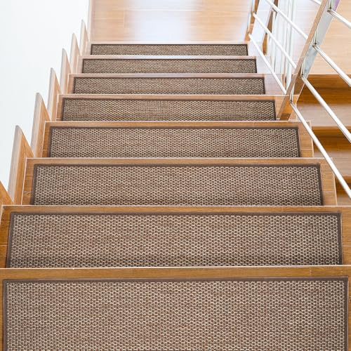 Stair Treads for Wooden Steps, 8 x 30 Linen Non Slip Stair Runner, Peel and Stick Carpet Stair Treads with Reusable Adhesive, Indoor Stair Rugs Covers Mats Pads for Kids Elders Dogs, Brown 15Pcs