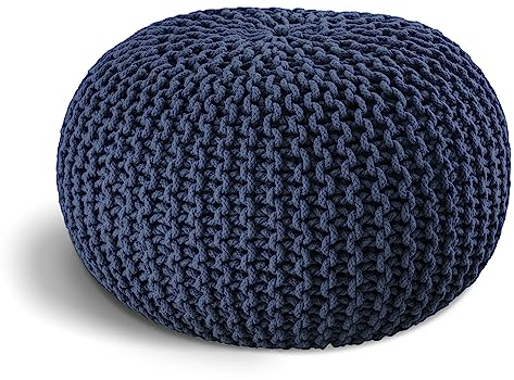 ELYFLAIR® Pouf en tricot fait à la main - Diamètre : 55 cm ou diamètre : 45 cm - Avec aspect élégant en tricot grossier - Décoration d'intérieur (bleu foncé, diamètre : 45 cm)