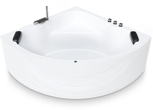 AQUADE Acryl Eckbadewanne 150x150 cm Modell: Koblenz/Kassel Badewanne Komplettset - Wählen Sie Ihre perfekte Wanne: Ab-Überlauf mit Zulauf, Wannenrandarmatur, Nackenkissen, LED