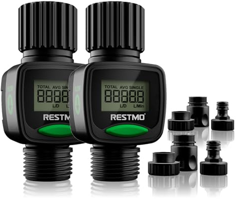[2er Set] RESTMO Wasserzähler, Wasseruhr mit hohe Messgenauigkeit, Messung des Gallonen-/Literverbrauchs und der Durchflussmenge für Gartenbewässerung, Rasensprenger und Gartenbrause