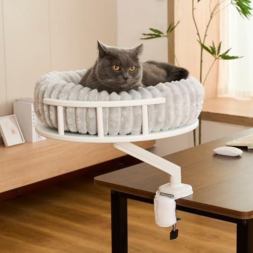 noviclass® Katzenbett LEVI | Katzenbett Schreibtisch | Katzenplattform | Für Tische und Fenstersims | Inkl. 2 Betten | Cord-Design Grau | Robust und modern (Weiß)
