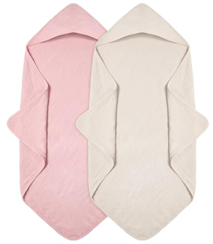 Huvhandduk baby 2-pack, muslinbomull, babyhandduk, huva, mjuk och absorberande babyhandduk med huva, lämplig för nyfödda och spädbarn 0–18 månader, 76 x 76 cm, Rosa
