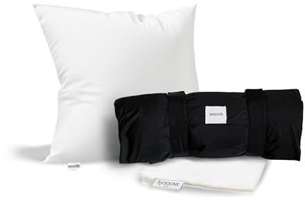 SnooozeGo Mini Duck Down - Cuscino da viaggio compatto in piuma per aereo, hotel o auto, supporto leggero a 3 camere per chi dorme sul lato e sulla schiena, essenziale da viaggio, con borsa in cotone