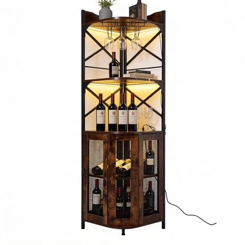 Warmiehomy Corner Wine Bar Cabinet with Power Socket and Led Lights, 5-Tiers Wine Rack Cabinet Free Standing with Glass Holder, Drinks Cabinet for Living Room Kitchen Home Bar Bedroom Office, Brown