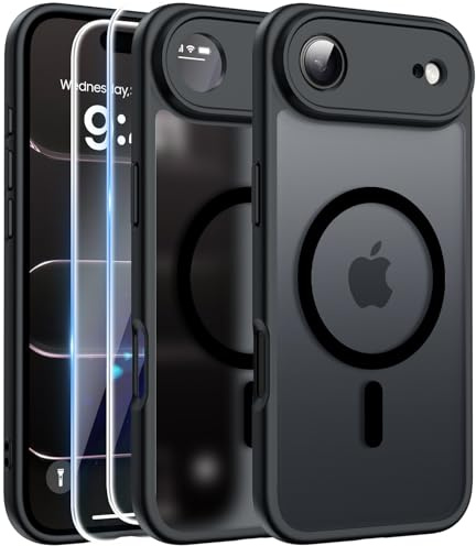 FLLAO Funda para iPhone Air, Compatible MagSafe, con 2 Piezas Protector de Pantalla Cristal Templado, [Protección de Cámara] Magnética Carcasa Translúcida Mate Trasera Fina Antigolpes, Negro