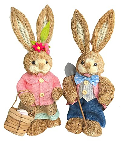 Baoblaze 2 Piezas Conejo de Pascua Decoración Muñeco Figura de Paja Ornamento de Paja Tejida Y Tela Adecuado para Balcón Jardín Y Entrada Del Hogar, estilo g, tal como se describe