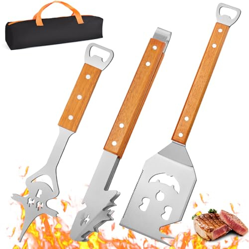 BBQ Grillbesteck Set 3-teilig, SeyYega Edelstahl Grillzubehör mit Holzgriff