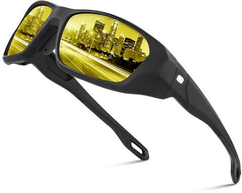 kunchu Night Driving Glasses For Men Women Anti Glare Yellow Lens- Night Vision Glasses For Driving-HD Polarised UV400 Wrap Around Sunglasses Mens For Sports Cycling-BLACK