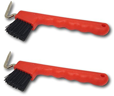 Pferdelinis Rascador de pezuñas para caballos, burros, cabras, pezuñas con cepillo extra estable y mango ergonómico (2 rojos)