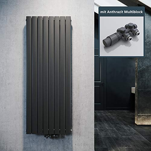 ELEGANT Radiateur design plat 1600 x 616 mm avec thermostat multibloc, anthracite, double couche, vertical, raccord central
