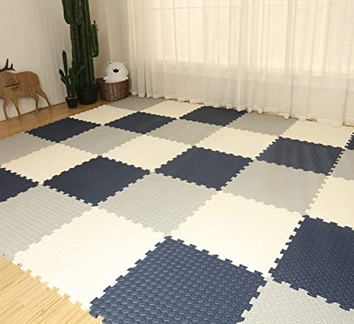 Skrsila 18 Stück Puzzlematte Baby Puzzlematte Krabbelmatte Kinderspielteppich Spielmatte rutschfest Bodenschutzmatte 30 x 30 x 1,2 cm, Schaum Matte Weiß + Marineblau + Grau