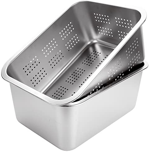 ASelected Juego de 2 cuencos de lavado y colador, acero inoxidable 304, rectangular, grande, 10 litros, colador, lavabo, plato, para preparación de alimentos de frutas y verduras, 33 x 24 x 15 cm