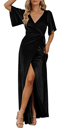 MEROKEETY Women's V Neck Wrap Velvet Maxi Wedding Guest Dress Bell Sleeve Split Bridesmaid Cocktail Party Formal Dresses, Black, XL