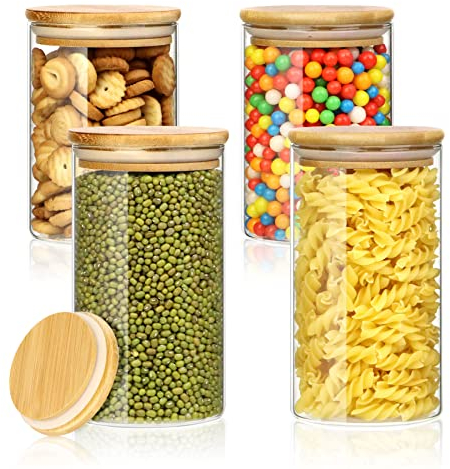 MXTIMWAN Bocaux en Verre Lot de 4 avec Couvercle en Bambou, Rangement Cuisine pour Épices, Café, Thé, Avoine (550ml & 700ml)