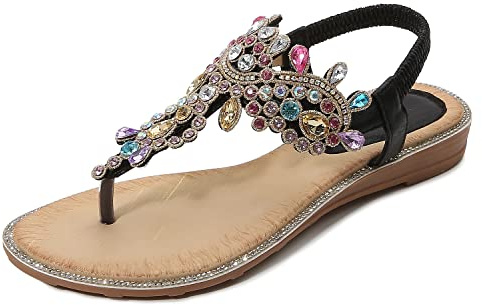 iCKER Women's Flat Sandals Ladies Thong Flat Sandals Bohemian Beaded Strap Sandals Diamante Rhinestone Leather Sandals,(label size 41),7UK