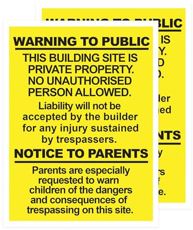 RDLCAR Building Site Warning Signs 1mm Thick PVC Pack of 2 Durable 300mm x 400mm Public Safety Signage High Visibility Weatherproof Portrait
