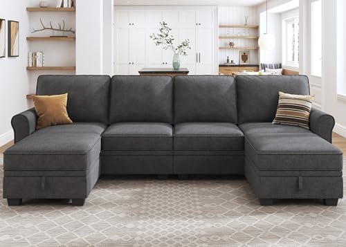 HONBAY U Shaped Sectional Sofa with Storage,Dark Grey