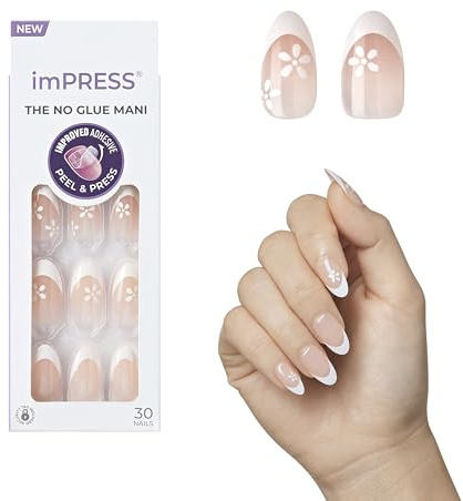 KISS imPRESS No Glue Mani Press On Nails, French, 'Fearless', Light Neutral + White Tip French, Medium, Almond Shape, Includes 30 Nails, Prep Pad, Instructions Sheet, 1 Manicure Stick, 1 Mini File