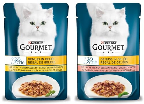 PURINA Gourmet Perle Genuss in Gelee Katzenfutter nass & PURINA Gourmet Perle Genuss in Gelee Katzenfutter nass mit Lachs & feiner Grillachsnote 26er Pack (26 x 85g)