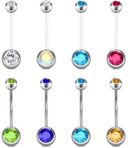6-38mm Barras de ombligo y el embarazo del vientre Bar 14G de plata del ombligo Piercing Flexible de plástico de la maternidad del vientre Bar Acero Quirúrgico Rhinestone Piercing del vientre Joyería