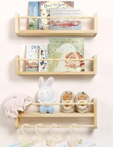 Mazjoaru Estantería de Pared para habitación Infantil de Madera, Juego de 3 Unidades con diseño de Perlas de Madera, decoración de Pared, para niños, Baño, salón