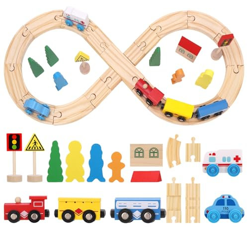 Wooden Train Set for Boy Girls, 33 Pcs Wooden Train Track Rail Set with Train Cars,Town Pieces,People and Tracks,Train Sets Car Kids Toys for Kids Ages 3+ Christmas Birthday Gift