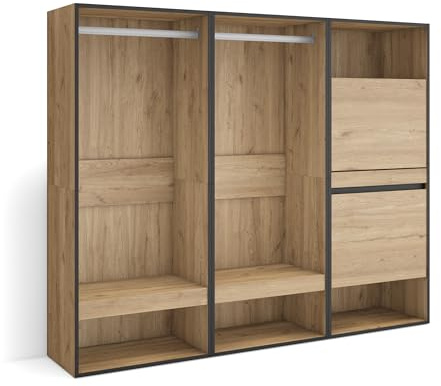 Skraut Home | Armadio Aperto | Appendiabiti con ripiani | 180x145x35 cm | Camera da letto, stanza | Scarpiera | Stile moderno | Rovere
