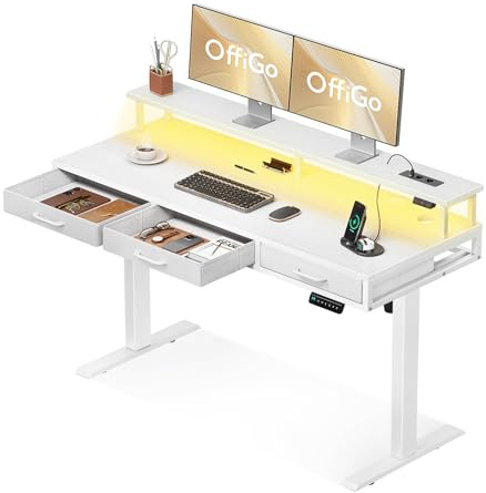 OffiGo Elektrischer Schreibtisch mit Schubladen, 140cm Höhenverstellbarer Schreibtisch mit Monitorständer, Stehpult mit Steckdosen und Lichtleiste, Tisch Höhenverstellbar Bürotisch, Weiß