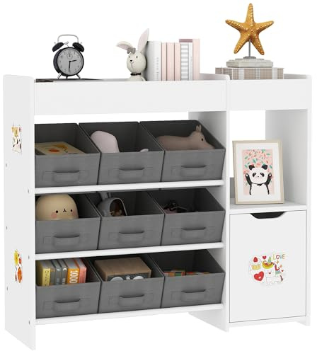 AIYAPLAY Estantería para Juguetes para Niños Organizador Infantil con 9 Cestas Extraíbles Compartimentos y Láminas de Pegatinas para Guardería Sala de Juegos 92x30x80 cm Blanco