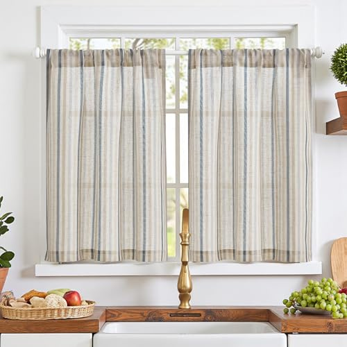 TOPICK Multi Blue Striped Kitchen Curtains, Cafe Curtain 2 Panels, W26 xL24 | Rod Pocket Small Curtain Tier 2 Panels, Light Filtering Short Half Window Curtains for Bathroom, Cupboard Base, Sink, RV