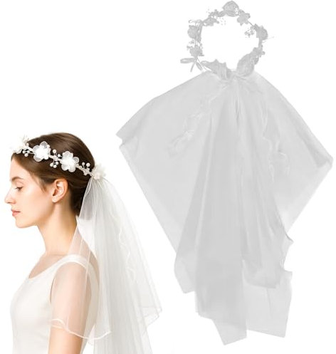 SacJkt corona di fiori per capelli, velo da sposa con ghirlanda e perle, velo sposa bianco semplice ed elegante per accessori per capelli per matrimoni, festival o festival musicali