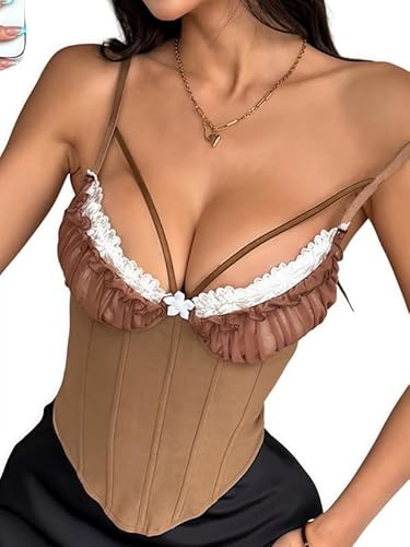 Sukiglam Corsetto Donna Gotico Corpetto Top in Pizzo Elegante Estiva Canotta con Spalline Sottili Push Up Crop Tops Sexy Slim Fit Bustier Senza Maniche Camisole Canotte Regolabile Corset