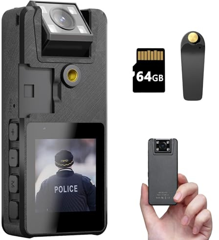 Hoestr 64GB Mini Telecamera da Corpo, 1296P HD Body Camera (3000mAh) con Visione Notturna IR e Obiettivo Ruotabile di 180°, Camera Indossabile Ideali per Civili, Polizia Forze Dell'ordine (64GB)