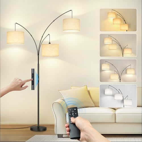 GOOGO Piantana Lampada da Terra, Lampada da Terra ad Arco a 3 Luci con 4 Temperature di Colore e Luminosità Regolabile, Controllata Tramite Interruttore Touch, App e Telecomando, Timer Funzione