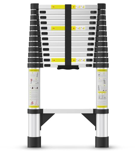 Telescoping Ladders,12.5 FT Aluminum Telescopic Ladder with Triangle Stabilizers and Non-Slip Feet,Portable Collapsible Extension Ladder for Home,RV,Outdoor Work,330lbs Max Capacity