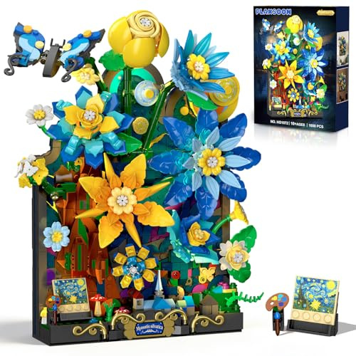PLAXSOON Set de Construcción Muro Floral Noche Estrellada con Luces Colección Botánica Bloque con Mariposa 1008 PZS. Decoración Mural, Regalo Día de la Madre para Adultas y Niñas +10