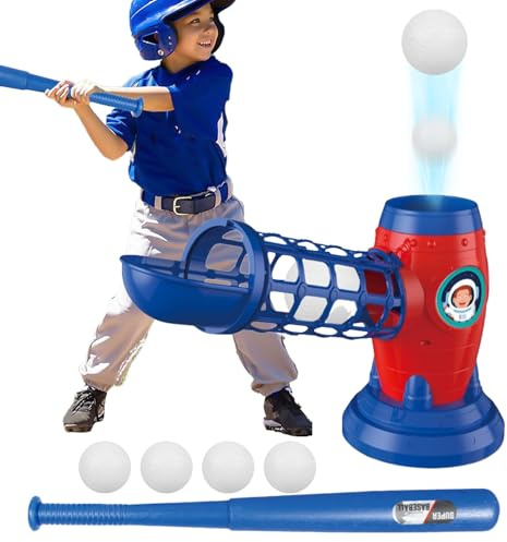 Yongmcxhhj Máquina de lanzamiento de béisbol eléctrica automática, máquina de lanzamiento de béisbol ABS para niños, 1 bate retráctil y 5 pelotas de béisbol, juegos de bolas en T para niños y niñas de