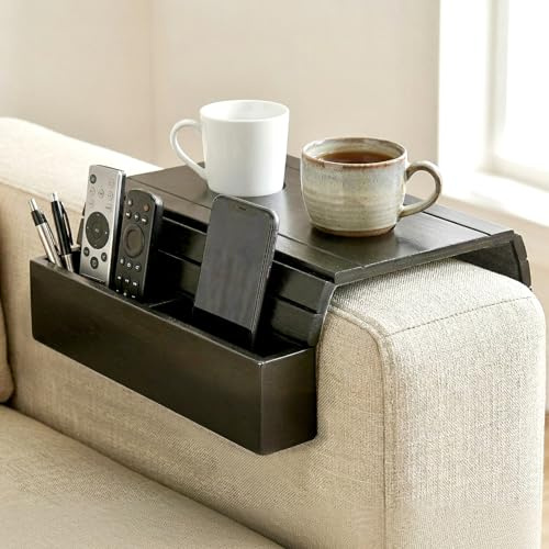 Bandeja para Reposabrazos de Sofá de Bambú con Posavasos y Compartimentos