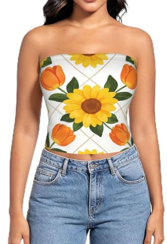 Blusa sin tirantes para mujer con estampado de rejilla de tulipanes y girasoles y naranja, camiseta sin mangas, estilo envolvente para fiestas de verano, Negro, M