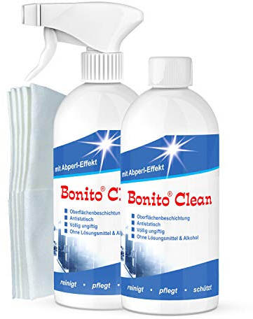 Bonito-Clean dubbelförpackning: (2 x 500 ml + 5 polerdukar) Hightech rengöringsmedel från flygplansindustrin – för fönster och alla släta ytor, antistatisk, 2-i-1 rengöring och beläggning