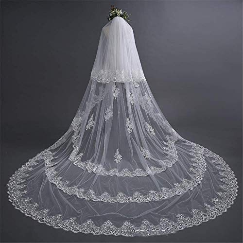 VEILTHEM Velos de Novia 3/4/5 M Dos Nivel Suave Tul Lace Apliques Borde Largo Catedral Velo Nupcial Boda Accesorios con Metal Peine y Frente Velo,Ivory,5 * 3m