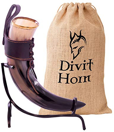 Divit Horn Genuine Viking Drinking Horn with Iron stand | Authentic Medieval Beer Drinking Horn | Brass Adornments & Burlap Gift Sack Included | 16 oz capacity (Leather Belt Holster, Polished)