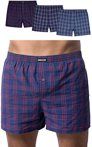 Snocks American Boxershorts Herren aus Bio-Baumwolle 3er-Pack, Weite Passform und lockerer Fit, Kein juckendes Etikett und komfortabler Bund, Unterhosen Herren Gr.L, Farbe Großes Karo Mix Blau