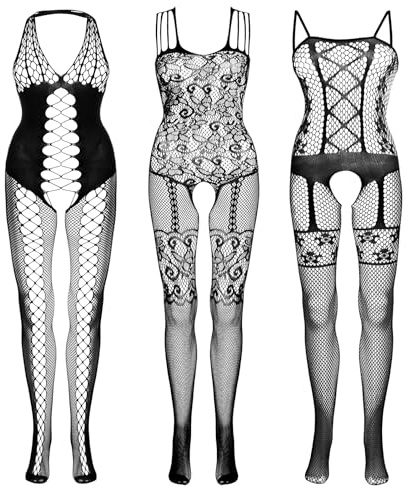 Fengek 3 Packs Women Fishnet Bodysuits, Stockings Sleepwear Lingerie for Couple Dating Nightwear, Black