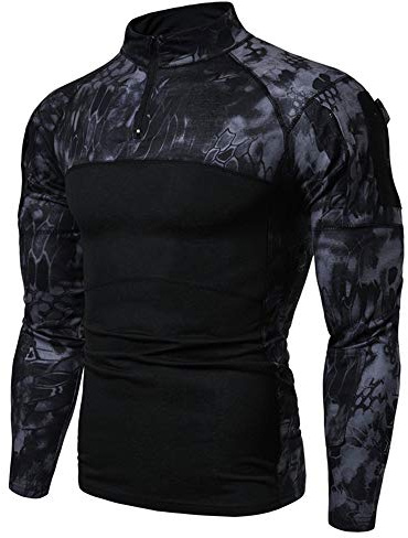 Men's 1/4 Zip Tactical Long Sleeve Shirt Military Style Combat Shirt with Pockets Airsoft Top Outdoor Clothing for Hunting Camping Hiking Black Camo Python,XXL