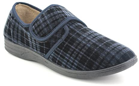 Dr Keller Mens Velour Check Faux Fur Lined Wide Opening Touch Fasten Slippers (8, Navy, numeric_8)